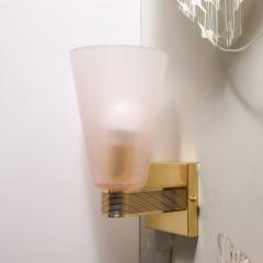 Pair of Modernist Hand Blown Murano Smoked Pink Glass w Reeded Brass Sconces - 3645322
