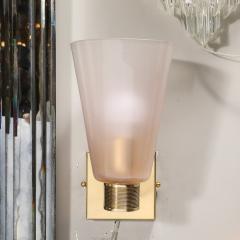 Pair of Modernist Hand Blown Murano Smoked Pink Glass w Reeded Brass Sconces - 3645333