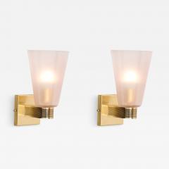 Pair of Modernist Hand Blown Murano Smoked Pink Glass w Reeded Brass Sconces - 3646318