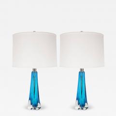 Pair of Modernist Handblown Murano Pale Sapphire Translucent Glass Table Lamps - 4143387