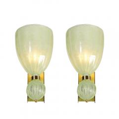 Pair of Modernist Pale Jade Hand blown Murano Glass Sconces W Brass Fitting - 4142392