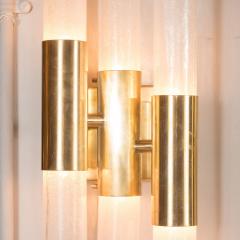 Pair of Modernist Pulegoso Sconces with Handblown Murano Shades Brushed Brass - 1579016
