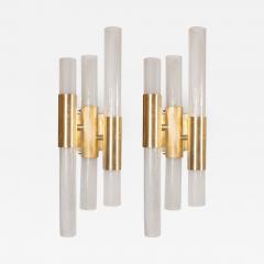 Pair of Modernist Pulegoso Sconces with Handblown Murano Shades Brushed Brass - 1580250