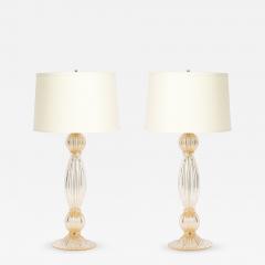 Pair of Modernist Reeded Translucent Glass Table Lamps with 24 karat Gold Flecks - 4746371