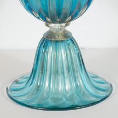Pair of Modernist Ribbed and Banded Turquoise Table Lamps with 24kt Gold Flecks - 2660301