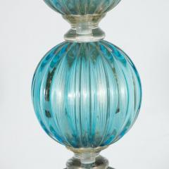 Pair of Modernist Ribbed and Banded Turquoise Table Lamps with 24kt Gold Flecks - 2660308