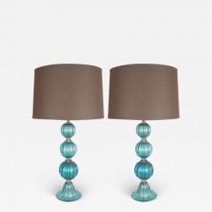 Pair of Modernist Ribbed and Banded Turquoise Table Lamps with 24kt Gold Flecks - 2669559