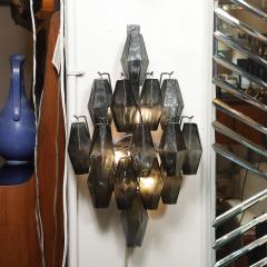 Pair of Modernist Smoked Gray Murano Glass Diamond Form Polyhedral Wall Sconces - 4828123