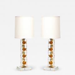 Pair of Modernist Stacked Sphere Table Lamps in Amber Translucent Murano Glass - 3044654