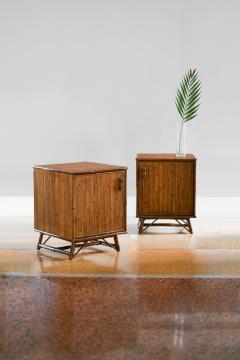 Pair of Molto Bamboo Bedside Tables with Doors and Leather Bindings Set of 2 - 3382037