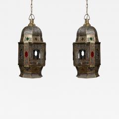 Pair of Monumental 19thC Moroccan Lanterns w Silver Brass Copper Inlay - 3163276