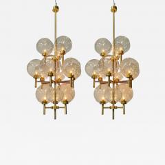 Pair of Monumental Mid Century Modern Style Chandeliers in Amber Glass and Brass - 3280237
