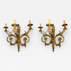 Pair of Monumental Three Light Sconces Solid Bronze Louis XVI Style - 1308732