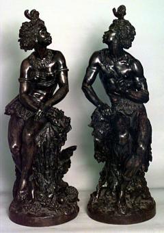 Pair of Moreau French Victorian bronze seated nubian figures with feathers in ha - 4628510
