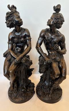 Pair of Moreau French Victorian bronze seated nubian figures with feathers in ha - 4628511