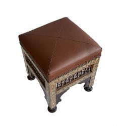 Pair of Moroccan Carved and Inlaid Square Leather Upholstered Stools - 4476344