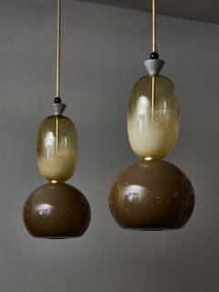 Pair of Murano Glass Brown and Smoked Suspensions with Brass Accents - 3623836
