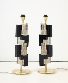 Pair of Murano Glass Table Lamps with 24K Gold and Black Glass Blocks Italy - 4448813