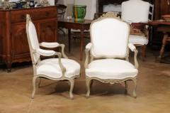 Pair of Napol on III 1850s Painted and Upholstered Armchairs with Carved Flowers - 3472646