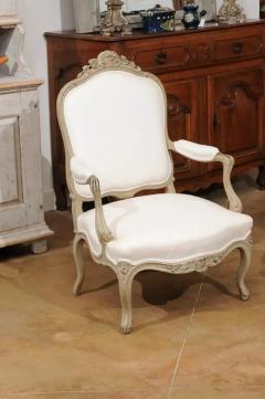 Pair of Napol on III 1850s Painted and Upholstered Armchairs with Carved Flowers - 3472652