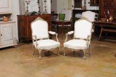 Pair of Napol on III 1850s Painted and Upholstered Armchairs with Carved Flowers - 3472751