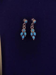 Pair of Navajo Sterling Silver and Turquoise 5 Stone Earrings - 3877772