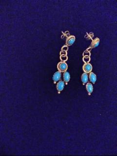 Pair of Navajo Sterling Silver and Turquoise 5 Stone Earrings - 3877773