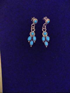 Pair of Navajo Sterling Silver and Turquoise 5 Stone Earrings - 3877774