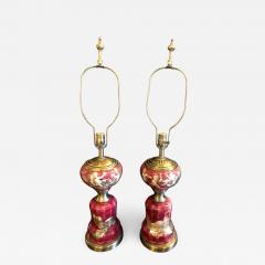 Pair of Neoclassical Cranberry Glass Decoupage Cherub Decorated Table Lamps - 1266275