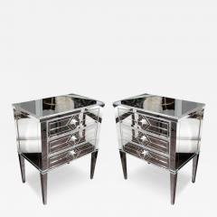 Pair of Neoclassical Style Silver Trim 3 Drawer Diamond Mirrored Nightstands - 3103368