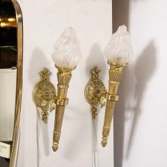 Pair of Neoclassical Torch Sconces in Frosted Glass and Antique Brass - 3645205