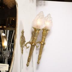 Pair of Neoclassical Torch Sconces in Frosted Glass and Antique Brass - 3645254