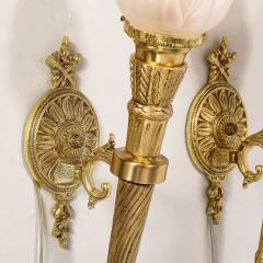 Pair of Neoclassical Torch Sconces in Frosted Glass and Antique Brass - 3645305