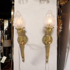 Pair of Neoclassical Torch Sconces in Frosted Glass and Antique Brass - 3645312