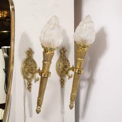 Pair of Neoclassical Torch Sconces in Frosted Glass and Antique Brass - 3645350