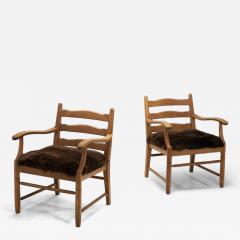 Pair of Oak and Sheepskin Side Chairs Europe 1960s - 4483931