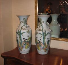Pair of Old Hand Painted Tall Porcelain Oriental Vases - 2932362