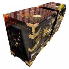 Pair of Ornate Chinoiserie Painted 3 Drawer Cabinets with Brass Accents - 4511357