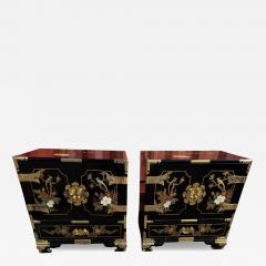 Pair of Ornate Chinoiserie Painted 3 Drawer Cabinets with Brass Accents - 4511636