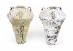 Pair of Outdoor Cast Iron Urns with Beige and Brown Patina - 4197675