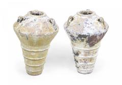 Pair of Outdoor Cast Iron Urns with Beige and Brown Patina - 4197678