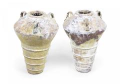 Pair of Outdoor Cast Iron Urns with Beige and Brown Patina - 4197679