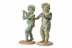 Pair of Outdoor Neo Classical Natural Patina Iron Flute and Tambourine Playing P - 4661680