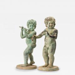 Pair of Outdoor Neo Classical Natural Patina Iron Flute and Tambourine Playing P - 4692400