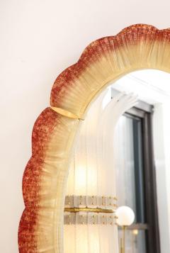 Pair of Oval Scalloped Murano Glass and Brass Mirrors in Red Amber and Gold - 3257473