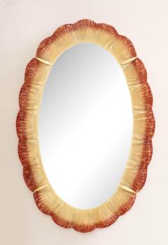 Pair of Oval Scalloped Murano Glass and Brass Mirrors in Red Amber and Gold - 3257475