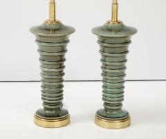 Pair of Pagoda Shaped Ceramic Lamps with a Beautiful Moss Glaze  - 3950775