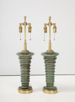 Pair of Pagoda Shaped Ceramic Lamps with a Beautiful Moss Glaze  - 3950776