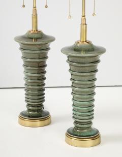 Pair of Pagoda Shaped Ceramic Lamps with a Beautiful Moss Glaze  - 3950777