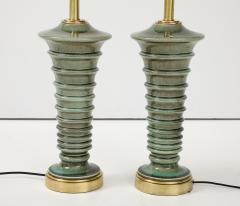 Pair of Pagoda Shaped Ceramic Lamps with a Beautiful Moss Glaze  - 3950778